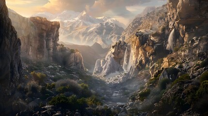 Obraz premium Wide mountain canyon with high cliffs and narrow