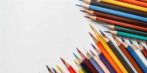 Fototapeta premium Creative Business Concept: Assorted Pencils and Pens Scattered on a White Desk Background for Advertising and Marketing