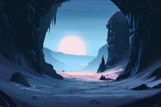 Desert Canyon Landscape with Rocky Formations and Setting Sun