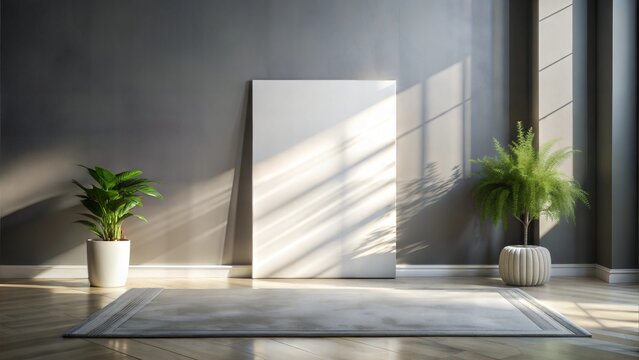 Mockup 10x15' wall art blank white canvas minimalist exhibition space light grey wall ceramic floor natural sunlight