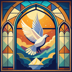 Fototapeta premium Graceful White Dove Flying Near Church Colored Window Vector Illustration