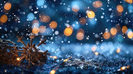 Shimmering snowflakes and lights on Christmas background