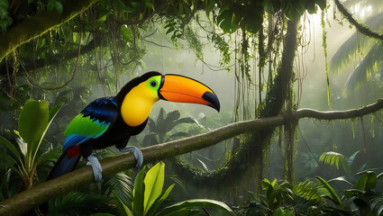Naklejka premium Vibrant Toucan in the Rainforest Canopy