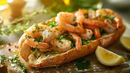Shrimp baguette slice decorated with herbs and lemon image