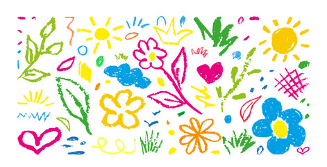 Charcoal Pencil Flowers for Kids in Vibrant Colors. Collection of Doodle Chalk Hand Drawn Squiggles. Vector Elements, Cloud, Sun, Flower, Leaves, Plants, Strokes, Scribbles, heart, petal, crown, leaf.