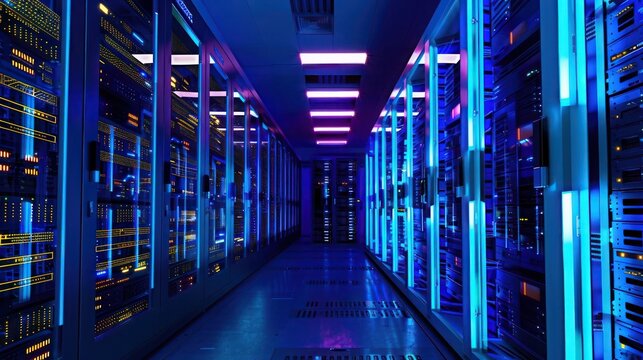 Interior of a data center with rows of server racks, filled with telecommunication equipment, illuminated by blue LED lights. - Powered by Adobe