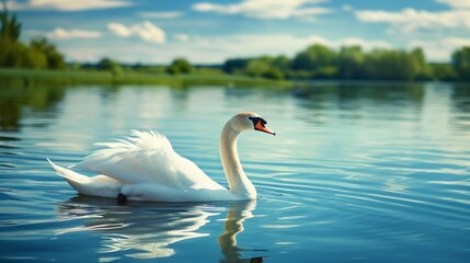 Fototapeta premium A swan swims across the lake its white picture