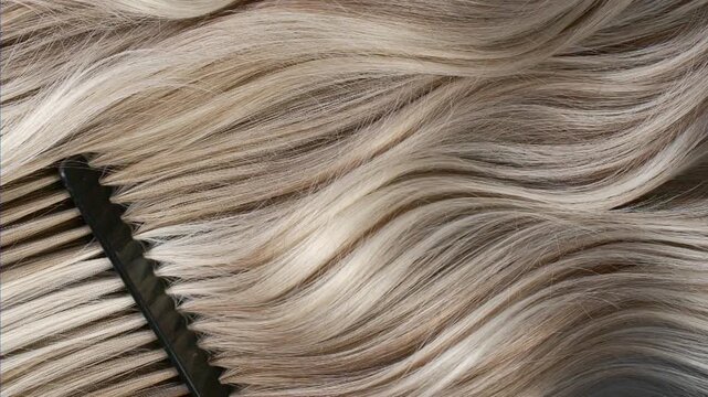 Closeup blond hair texture, slow motion of female hand combing long curly hair