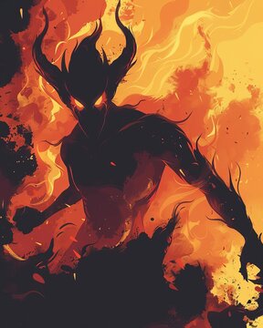 Demon rising from fiery abyss, menacing aura, flat design illustration