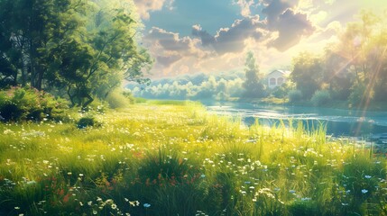 Fototapeta premium Green meadow stretching along the river