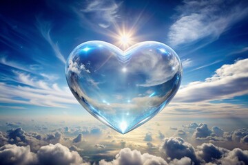 Crystal heart filled with the sky Panoramic, blue, romance, ethereal, magical, transparent, celestial, reflection, scenic, heart, nature, beauty, surreal, valentine's day,crystal, peaceful
