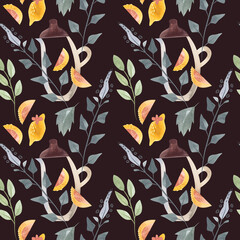 Naklejka premium Herb tea. Melissa, mint, glassware, leaves and lemon slices. Seamless watercolor pattern for fabric, wallpaper, wrapping paper, packaging cosmetics, tablecloths, curtains and home textiles.