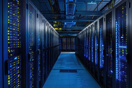 Interior of a data center with rows of server racks, packed with telecommunication equipment, illuminated by soft blue lights.