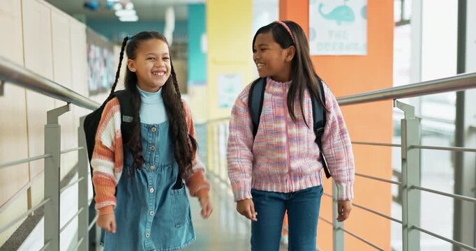 High five, children and friends with walking, smile and backpack for together on campus or academy. Students, support and happy for education, development and scholarship in learning, trust or school