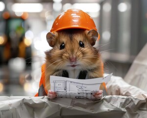 A hamster wearing a hard hat and safety vest reviews blueprints. AI.