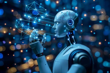 Robotic hand with neon circuits representing advanced technology and digital innovation in a high tech environment.