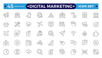 Digital marketing icons set. Content, search, marketing, e-commerce, SEO, electronic devices, internet, analysis, social. Editable stroke outline icon.
