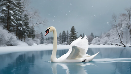 Elegant Swan in a Snowy Lake