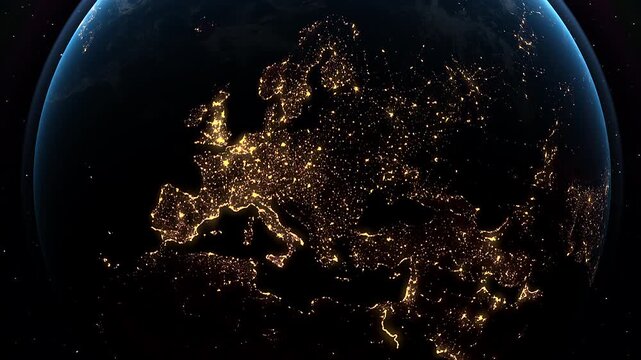 A stunning view of Europe at night with cities illuminated, as seen from space