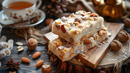 Fototapeta premium Nougat with nuts and honey carefully cut img