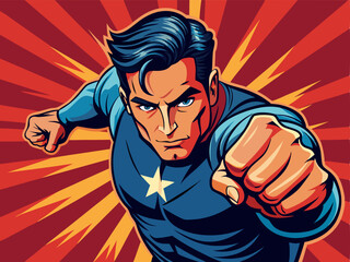 Pop art comic book style super hero punching with male superhero costume poster design wall decoration illustration © Anastasia