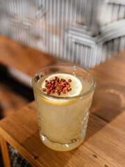 delicious drink on a wooden table in a beautiful bar