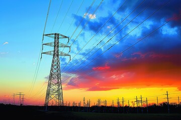 Power Lines Silhouetted Against a Vivid Sunset