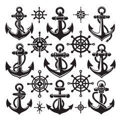 Fototapeta premium Set of Nautical Anchor Silhouettes in Black Vector Icon Style 