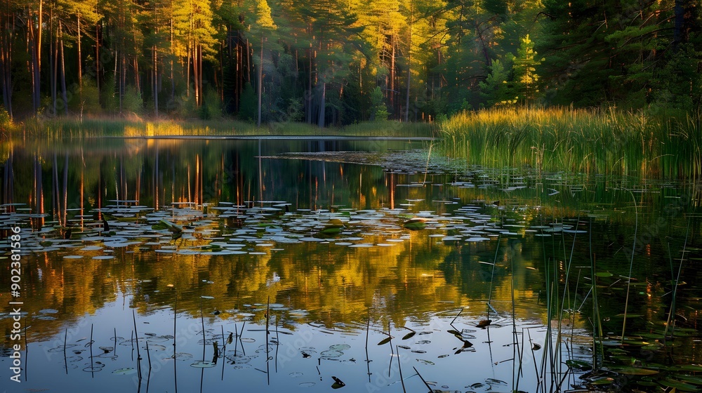 Poster a lake with a mirror-like surface of water image