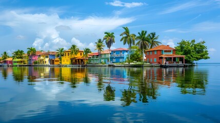 Obraz premium An island with colorful caribbean houses and palm img