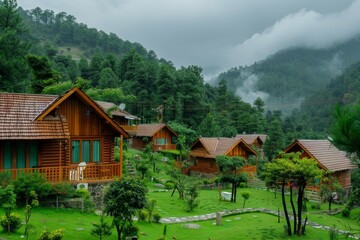 Obraz premium Wooden Cabins Nestled in a Misty Mountain Valley