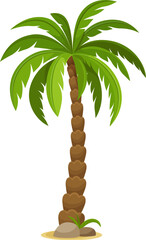 Cartoon jungle coconut palm tree with lush green fronds and sturdy trunk standing on patch of sandy ground. Isolated vector environmental landscape element, game asset, exotic tropical beach palm tree © Vector Tradition