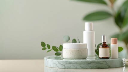 A close-up of a green marble podium with leaves, showcasing natural skincare products.