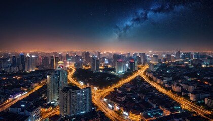 Fototapeta premium Night Cityscape with Milky Way.