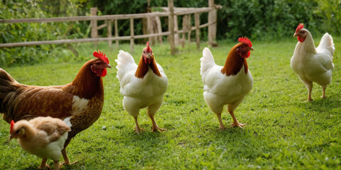 Fototapeta premium Free range chicken farm with chicken in garden outdoors