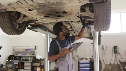 Experienced mechanic conducting thorough car inspection in modern auto repair shop. Worker checking undercarriage while holding diagnostic tablet, wearing uniform and gloves.