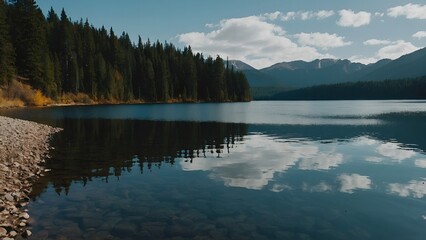 The lake’s peaceful surface highlighted by the warm hues of a fall evening