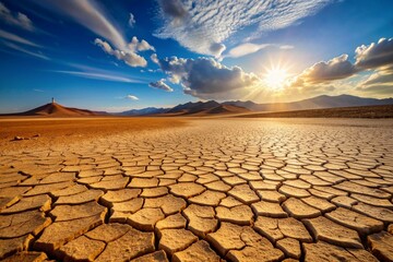 Dry, cracked earth in a desert landscape, dusty,arid, solitude, wasteland, desertification, heat, wilderness, parched, aridity, climate, dryness, aridness, terrain, hot, nature