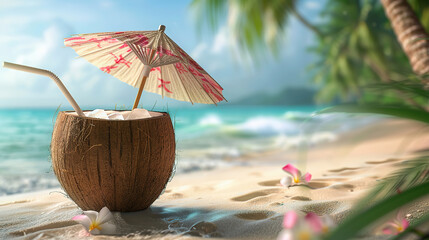 Summer Coconut Refreshment on Beach with Copy Space