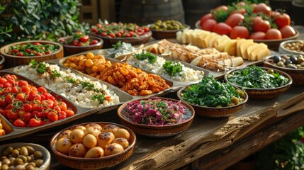 Fototapeta premium Mediterranean Mezze Spread in Crystal-Clear Detail with Vibrant Fresh Ingredients