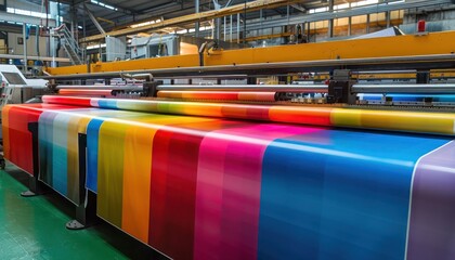 Modern large format printing machine in operation, producing high-quality, colorful panaflex banners in an industrial setting.