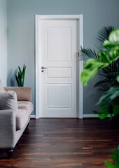 A living room with a couch and a white door