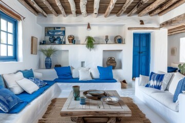 Mediterranean Living Room with Blue Accents and Exposed Wooden Beams
