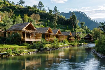 Obraz premium Charming Riverfront Cabins Nestled in a Lush Mountain Valley