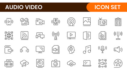 Audio Video Icons Pack. Thin line icons set. Flat icon collection set. Simple outline icons.