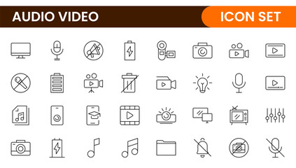 Audio Video Icons Pack. Thin line icons set. Flat icon collection set. Simple outline icons.