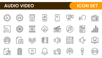 Audio Video Icons Pack. Thin line icons set. Flat icon collection set. Simple outline icons.