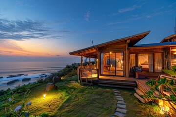 Fototapeta premium Wooden Cabin Overlooking the Sunset Sea