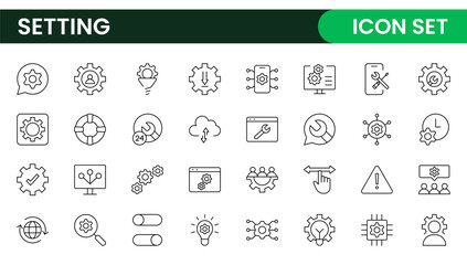 Settings, icon set. Containing options, configuration, preferences, adjustments, operation, gear, control panel, equalizer, management, optimization and productivity icons.