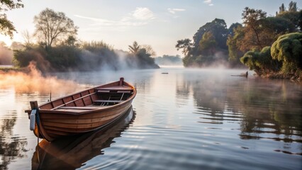Fototapeta premium A Wooden Rowboat on a Misty River at Dawn